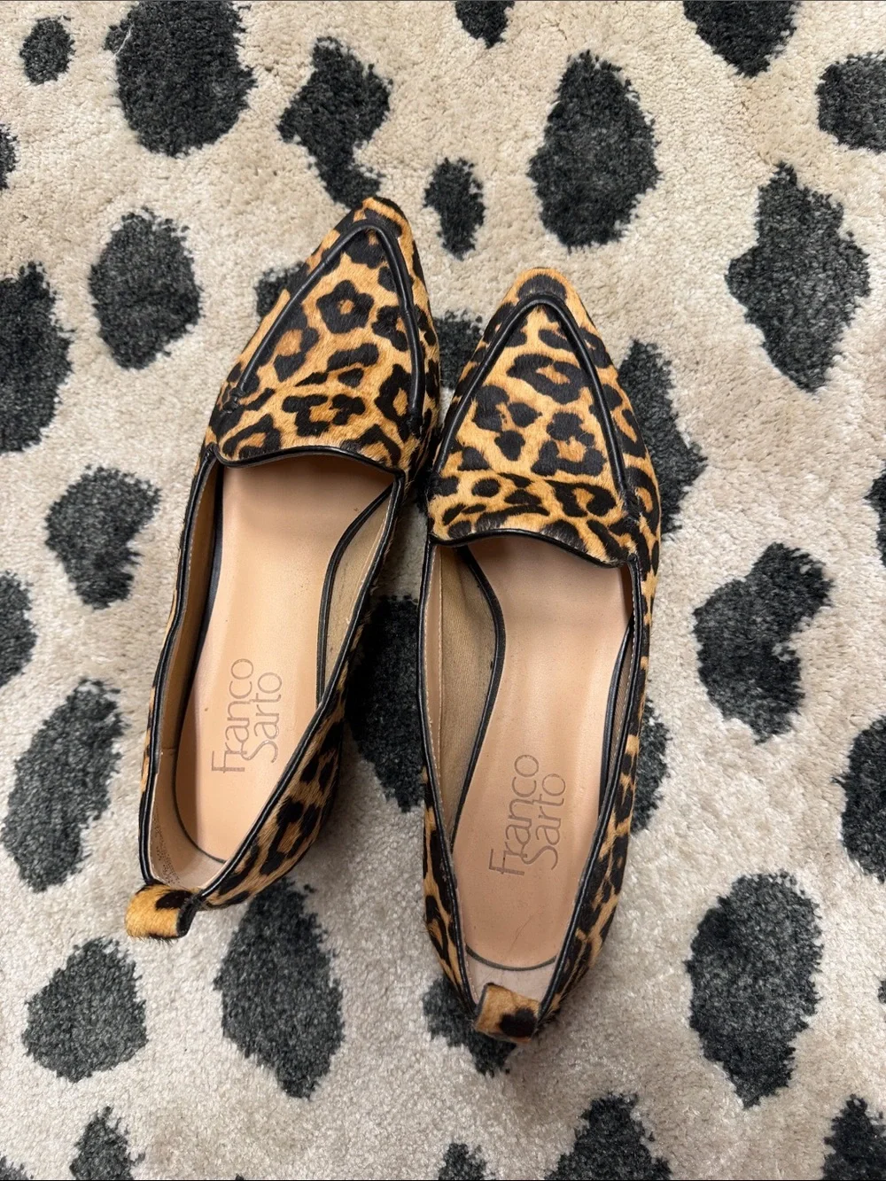 Franco Sarto Leopard-Print Pointed Toe Flats in Tan and Black